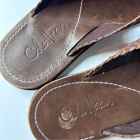 Men’s COLE HAAN Braided Brown Genuine Leather Thong Flip Flops Sandals Sz 9M - Picture 8 of 13
